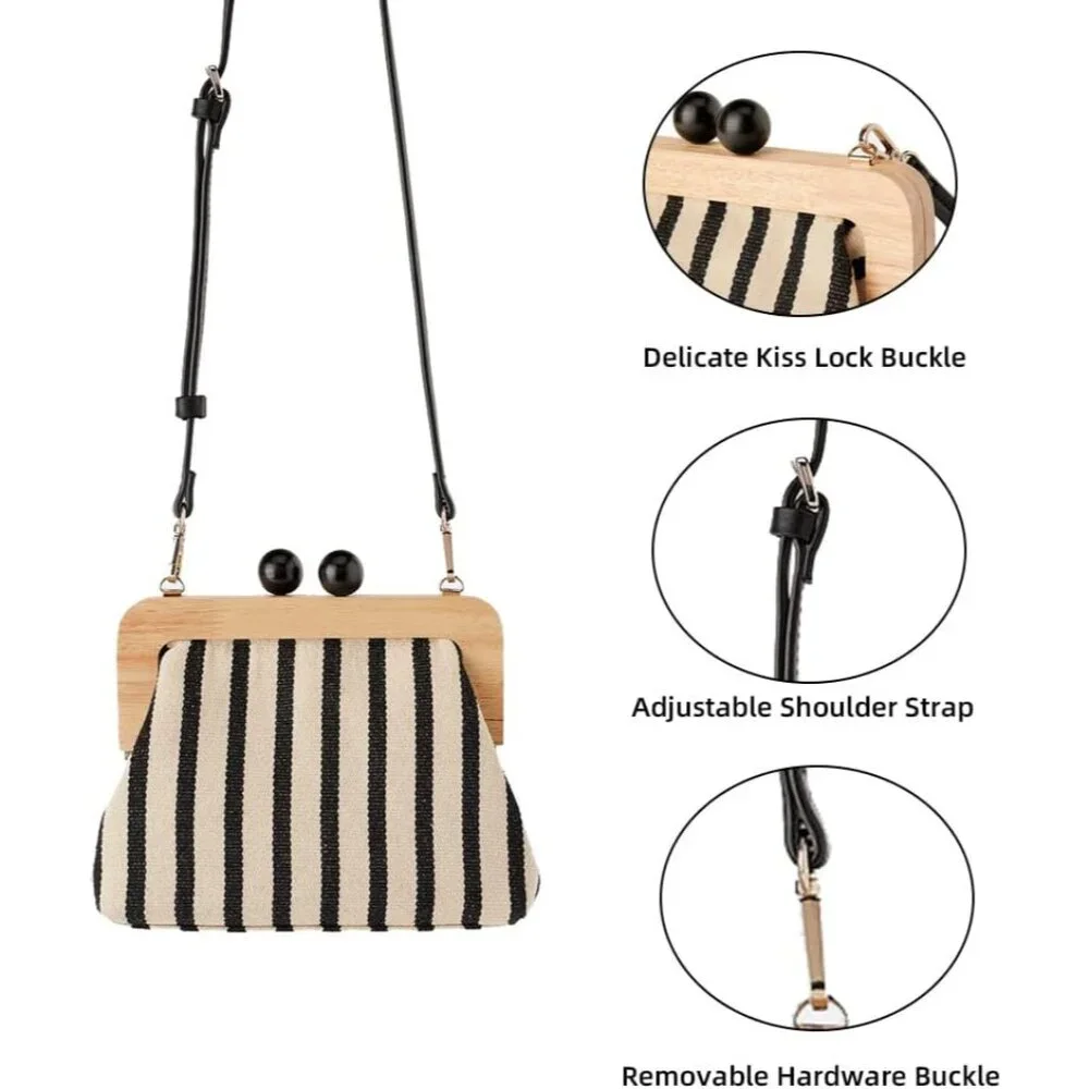 Women’s Canvas Retro Kiss Lock Crossbody Bag Compact Multi-Use Purse